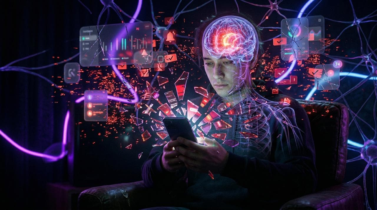 Illustration of the brain's focus network under digital strain